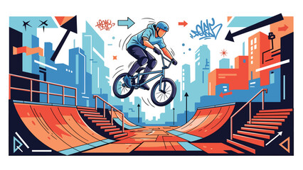Obraz premium BMX rider aerial trick urban mural vector illustration with bold flat colors and graffiti city background, dynamic youth sports artwork ideal for advertising and branding