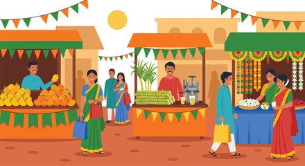 Obraz premium Busy Indian street market with traditional wooden stalls selling fresh mangoes sugarcane juice and flowers to happy people shopping for festival celebration in sunny town bazaar outdoors.