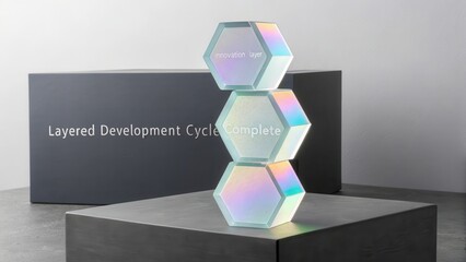 Stacked Iridescent Hexagonal Prisms Reflecting Light on a Minimalist Surface