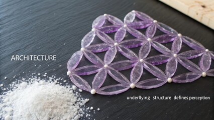 Intricate geometric crystalline structure formation in purple and white elements on a dark surface, showcasing precise symmetrical design