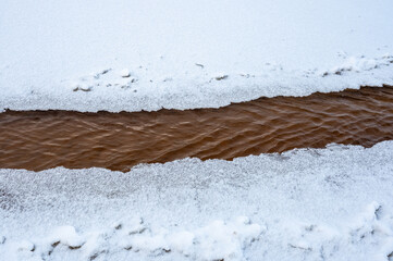 Abstract winter composition with snow ice and flowing water stream closeup