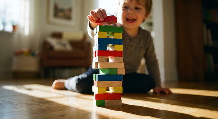 A kid builds a tower with colorful bricks in a living room during the day.