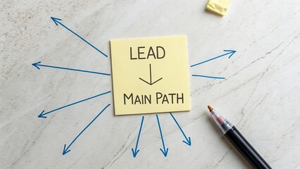 Yellow sticky note with "Lead Main Path" and branching arrows indicating strategy and direction.