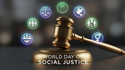World day of social justice concept with gavel and icons representing equality and human rights