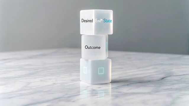 Three translucent cubes stacked vertically symbolizing goals, outcomes, and desired end states in a minimalist studio setting.