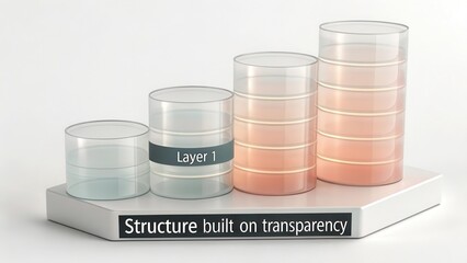 Precisely stacked transparent cylinders showing layered growth and progression on a minimalist white surface