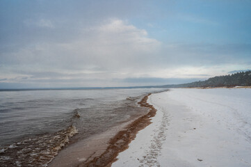 Snow-covered Baltic Sea beach with seaweed and distant forest shoreline