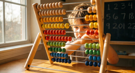 A boy focuses on using an abacus to practice math skills during afternoon light.
