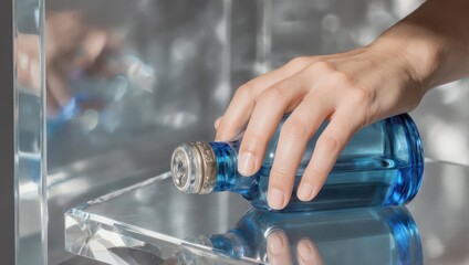 Hand holding a blue glass bottle with a metal cap on a clear surface.