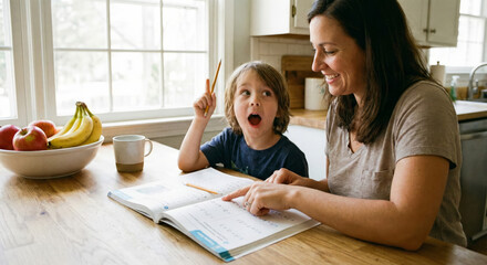 A mother teaches her son math at their kitchen table during daytime.