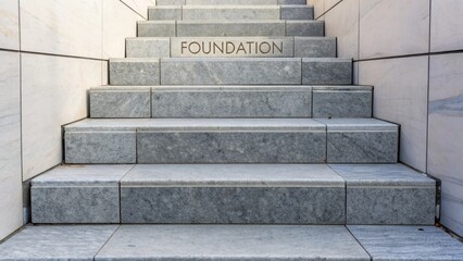 Stone steps with the word FOUNDATION etched into the surface