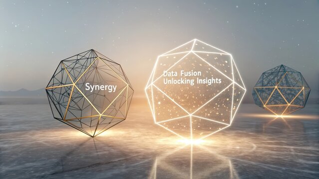 Two illuminated abstract geometric spheres with embedded text about synergy and data fusion, set in a diffused light environment. - Powered by Adobe