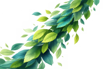 Green leaves swirling and falling with wind creating a dynamic natural border on transparent background
