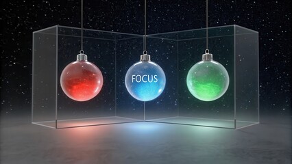 Three distinct colored glass orbs, one displaying the word FOCUS, suspended in a minimalist dark space.