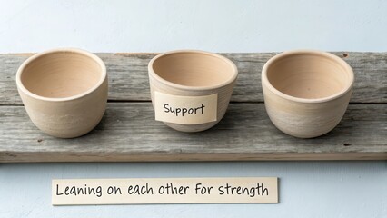 Three handmade clay cups arranged together on a wooden board, symbolizing support and strength