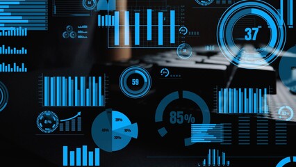Explore a modern and abstract representation of digital data visualization featuring vibrant blue graphs and charts, ideal for presentations and analytics in business. Xenic