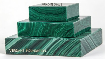 Three perfectly smooth graduated malachite blocks stacked in a structured arrangement with visible natural banding patterns