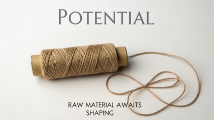 Untangled thread on a spool with text 'Potential' and 'Raw Material Awaits Shaping'