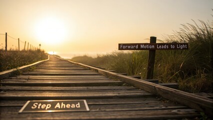 Wooden boardwalk leading towards a glowing sunrise with a sign indicating forward motion