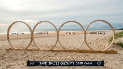 Wooden rings with wellness concepts on a sandy beach by the ocean, representing personal growth and inner peace