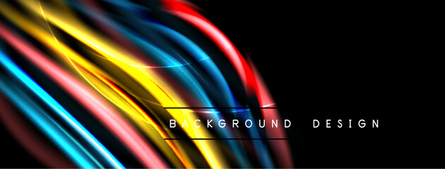 Abstract flowing lines create vibrant, dynamic background. Colors blend, forming wavelike shapes against dark space. Modern design element. © antishock