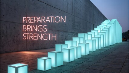 Illuminated glowing cubes ascending a concrete wall with motivational text