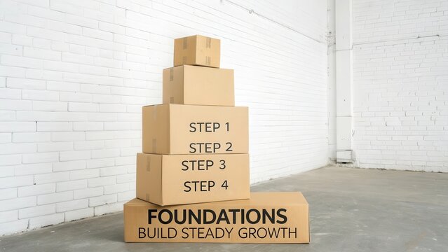 Four stacked cardboard boxes illustrating steps and foundations for steady growth in a clean white space.
