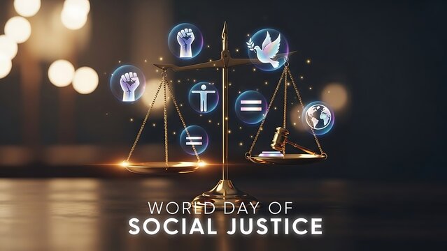World day of social justice concept with balance scale and icons