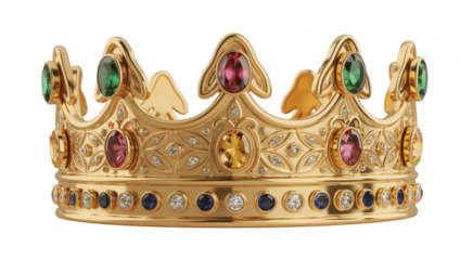 Gold crown with colorful gemstones and diamonds jewelry isolated on a transparent background