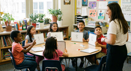 A group of kids sits at a round table showing numbers while a teacher guides them.