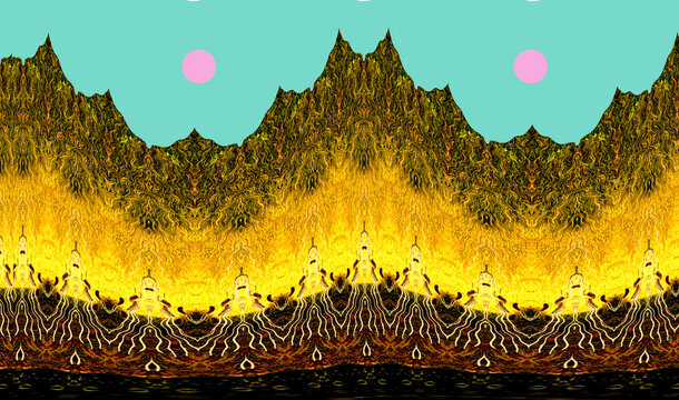 Golden, knife‑edged peaks glow beneath a turquoise sky, watched over by twin pink suns. The landscape radiates a vivid, uncanny energy.
