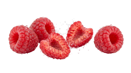 Fresh ripe raspberries shown whole and halved with visible seeds and juicy texture, captured in motion with water splash, highlighting natural freshness, vibrant color, and healthy berry nutrition.