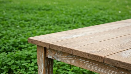 Close-up of a wooden bench in a grassy area