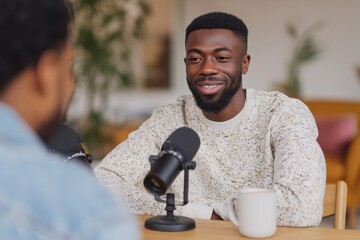 African American man seated at a table with podcast microphone, engaging in conversation with a guest, creating a lively atmosphere for an audio recording session