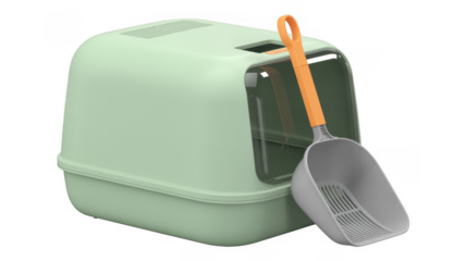 Green litter box with scoop litter scoop cat litter isolated on a transparent background