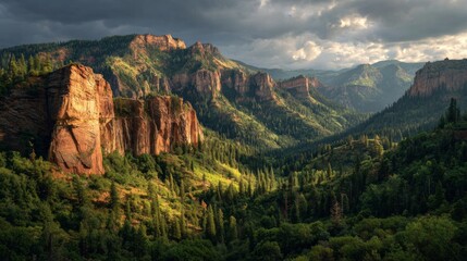 Naklejka premium Majestic Red Sandstone Cliffs Surrounded by Lush Emerald Green Forests in a Breathtaking Mountain Landscape