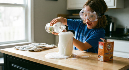 A girl is pouring a clear liquid into a container in her kitchen.
