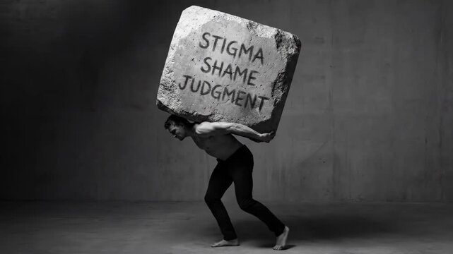 Man carrying a heavy stone block engraved with stigma shame and judgment. Cinematic black and white footage of a man struggling under a psychological burden. Mental health concept