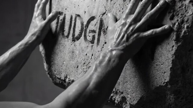 Man struggling with a heavy stone engraved with judgment. Metaphorical representation of social stigma and guilt. Cinematic black and white footage of hands straining against weight