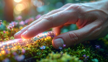 An extreme close-up shot captures a human hand gently touching a glowing light streak running over lush green moss and tiny purple flowers on the mystical forest floor.