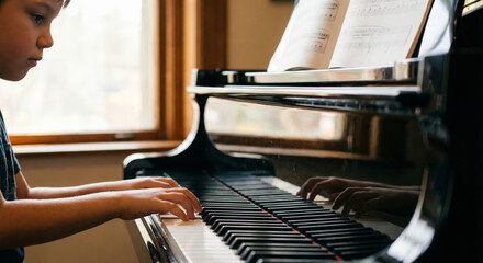 Boy practices piano at home while focusing on the sheet music in front of him.