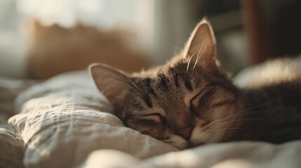 Close-up of a cat sleeping on a bed. the cat is lying on its side with its eyes closed and its head resting on a white blanket. its fur is a mix of brown and black stripes, and its ears are perked up.