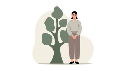 Fototapeta premium Woman Standing by Tree, Nature, Calmness, Minimalist Illustration