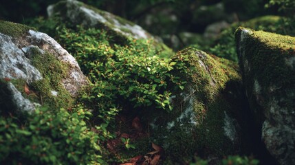 Rocks Covered with Tiny Green Plants and Moss in a Natural Forest Setting