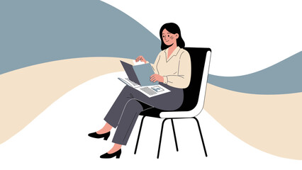 Woman Sitting Reading Book on Chair, Abstract Wavy Background