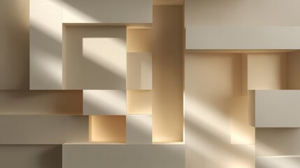 Soft Sunlight Illuminates Geometric Beige Blocks with Stepped Design in a Modern Interior Space