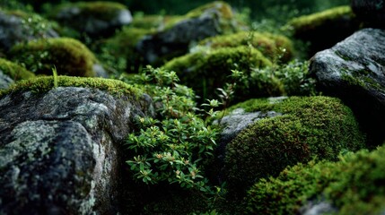 Tiny Plants Growing Between Covered Rocks in Natural Environment Under Soft Light