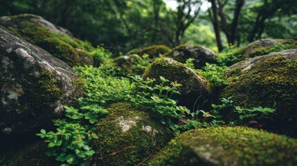 Tiny Plants Growing Between Covered Rocks in a Lush Green Forest Environment
