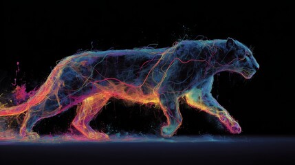 Vibrant Neon Splashes Creating a Silhouette of a Panther in Motion Against a Dark Background