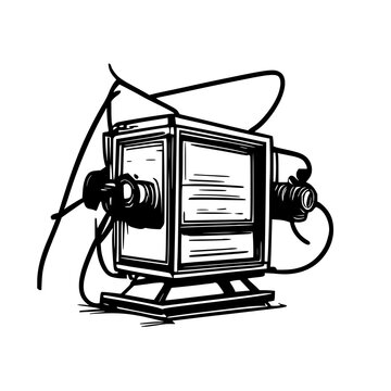 Portable mini movie projector black line art illustration, minimalist vector design on stark white background for tech product visuals